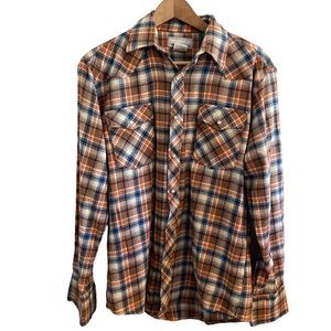 Wrangler Wrancher Pearl Snap Shirt Mens M Flannel Western Button Up Brown